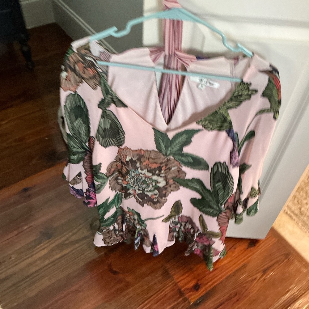 Badgley Mischka Pink and Green Ruffled Peplum Blouse